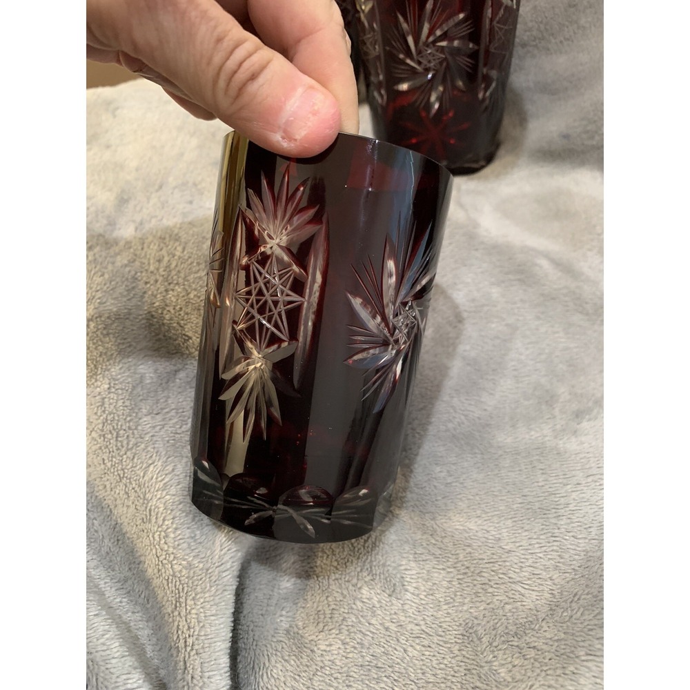 SET OF 4 RUBY RED BOHEMIAN CRYSTAL CUT TO CLEAR WHISKEY TUMBLER BAR GLASSES - Picture 8 of 14